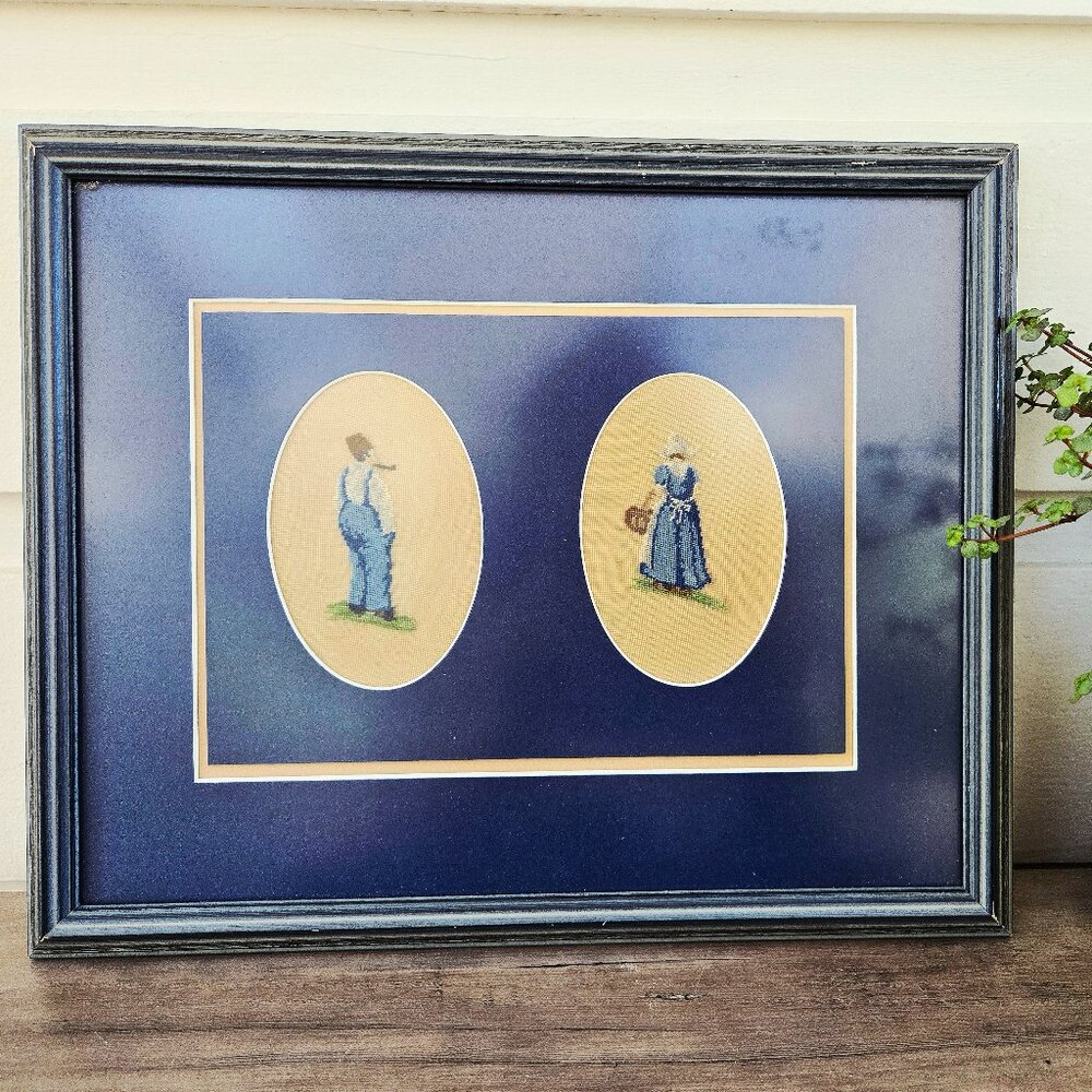 3/$55🫶 Vintage Mid Century Framed Embroidery – Dutch Couple